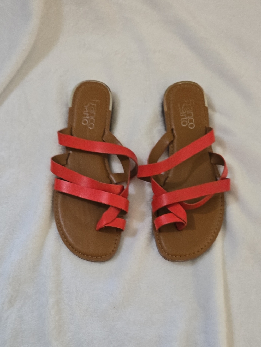 Franco Sarto Red Strappy Slide Sandals with Brown Footbed
